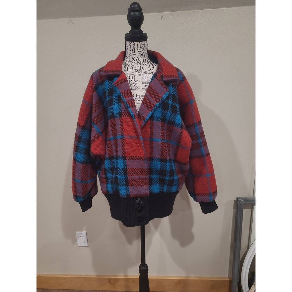 Vtg. 80's rrr russ red blue plaid chunky knit sweater jacket ribbed cuffs collar